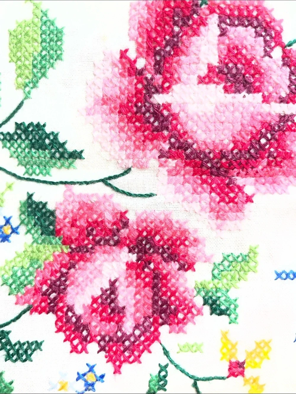 Handmade Cross-stitched Floral White Tablecloth with Crochet Trim Vintage